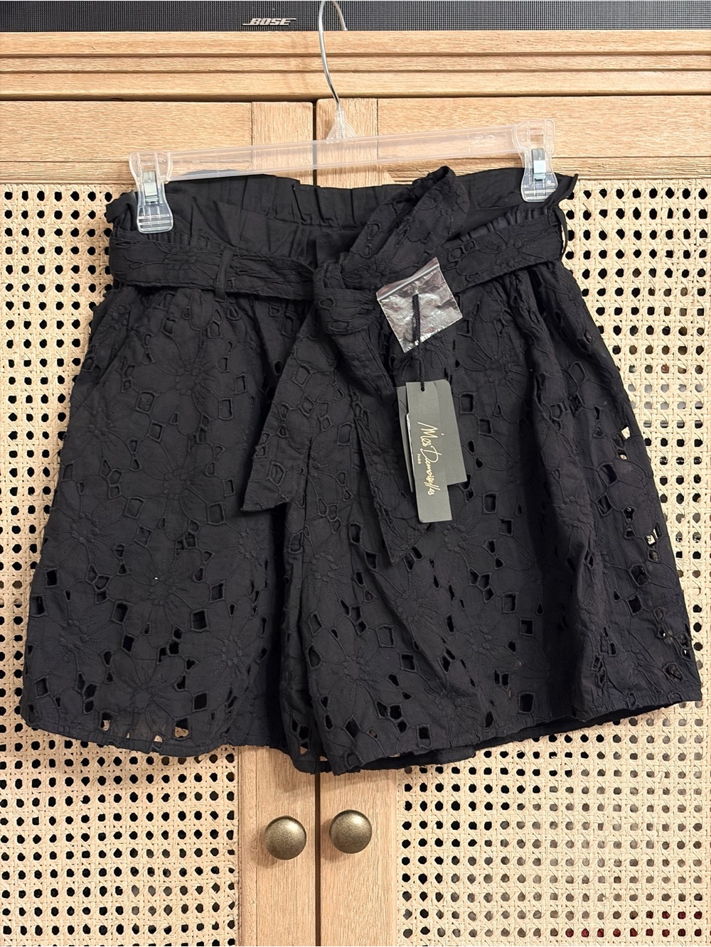 Mes Demoiselles Black Eyelet High-Waist Paperbag Shorts with Tie